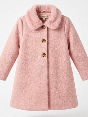 Girls Pink Pleated Plush Jacket Faux Fur Collar Trim Tortoise Button 3T